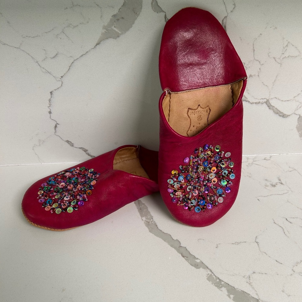 Handmade Leather Moroccan Beaded Slippers Women’s Small